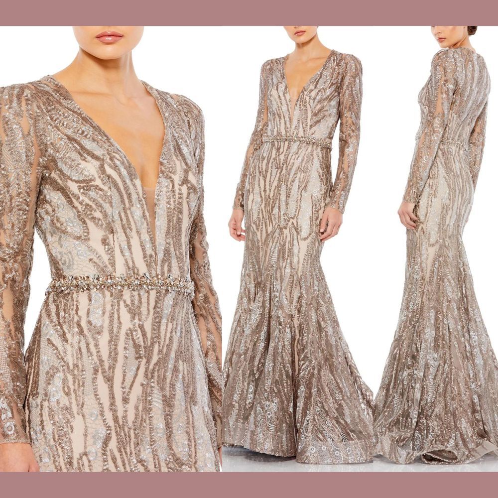 NWT $998 Mac‎ Duggal [ 14 ] 79358 Embellished Long Sleeve Plunge Neck Gown Taupe